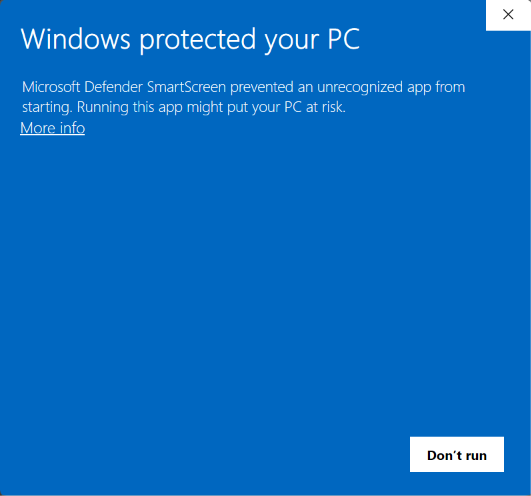 Windows SmartScreen as it first appears — click More info