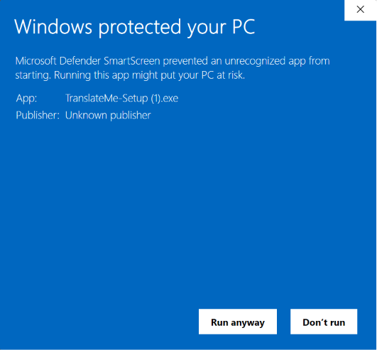 Windows SmartScreen after More info — click Run anyway