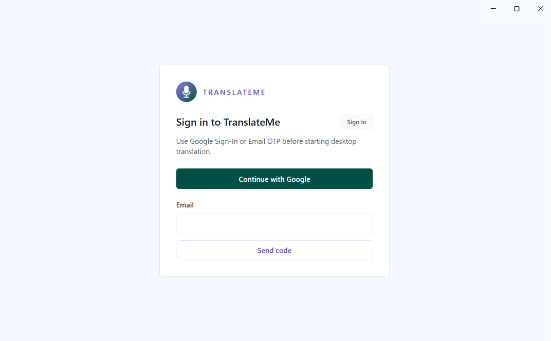 The TranslateMe sign-in screen
