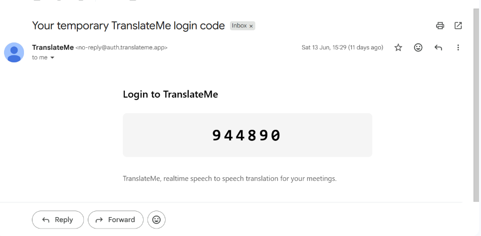 The temporary login code email from TranslateMe