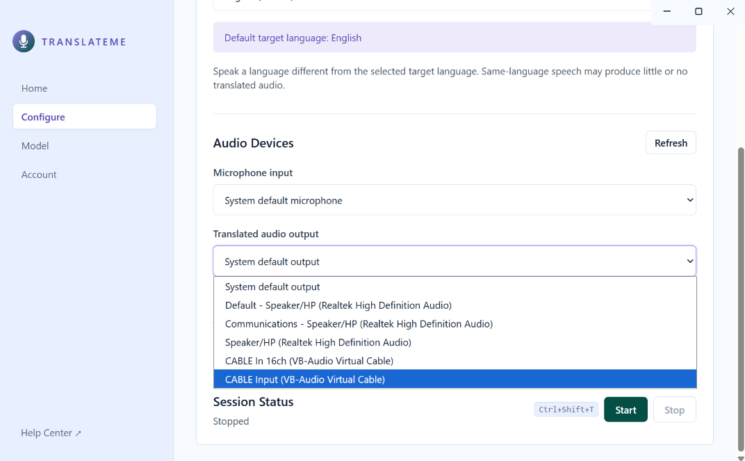 Selecting CABLE Input as the translated-audio output