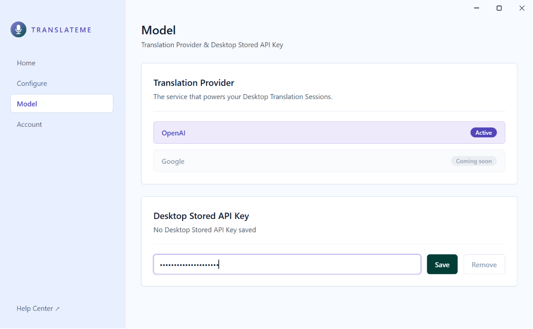Pasting your OpenAI API key into TranslateMe