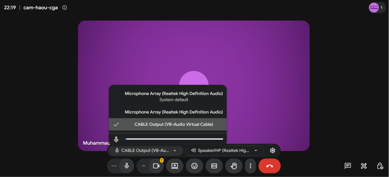 Setting the meeting app microphone to CABLE Output